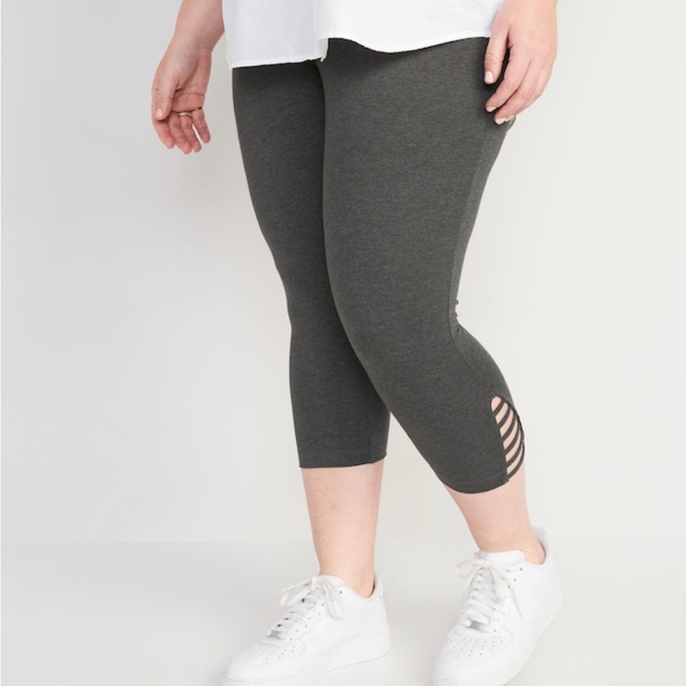 Old Navy High Rise Cropped Lattice Hem Leggings Sark Gray Elastic Waistband New